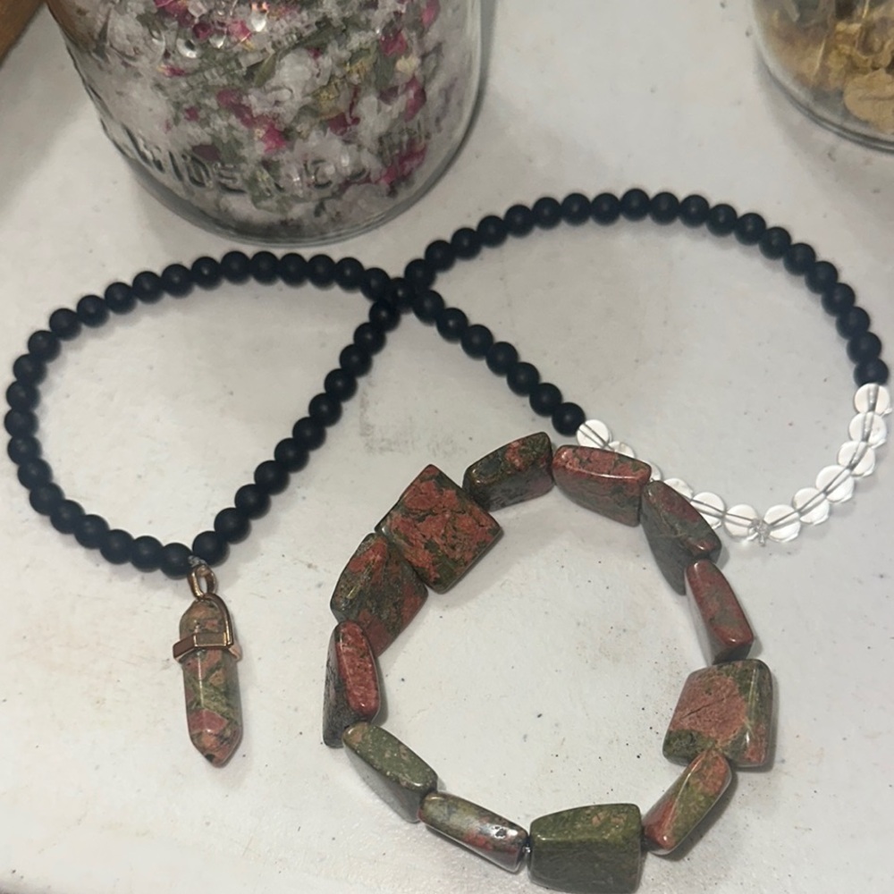 Unakite, Matte Onyx & Clear Quartz Necklace And Unakite Bracelet/ Anklet Bundle